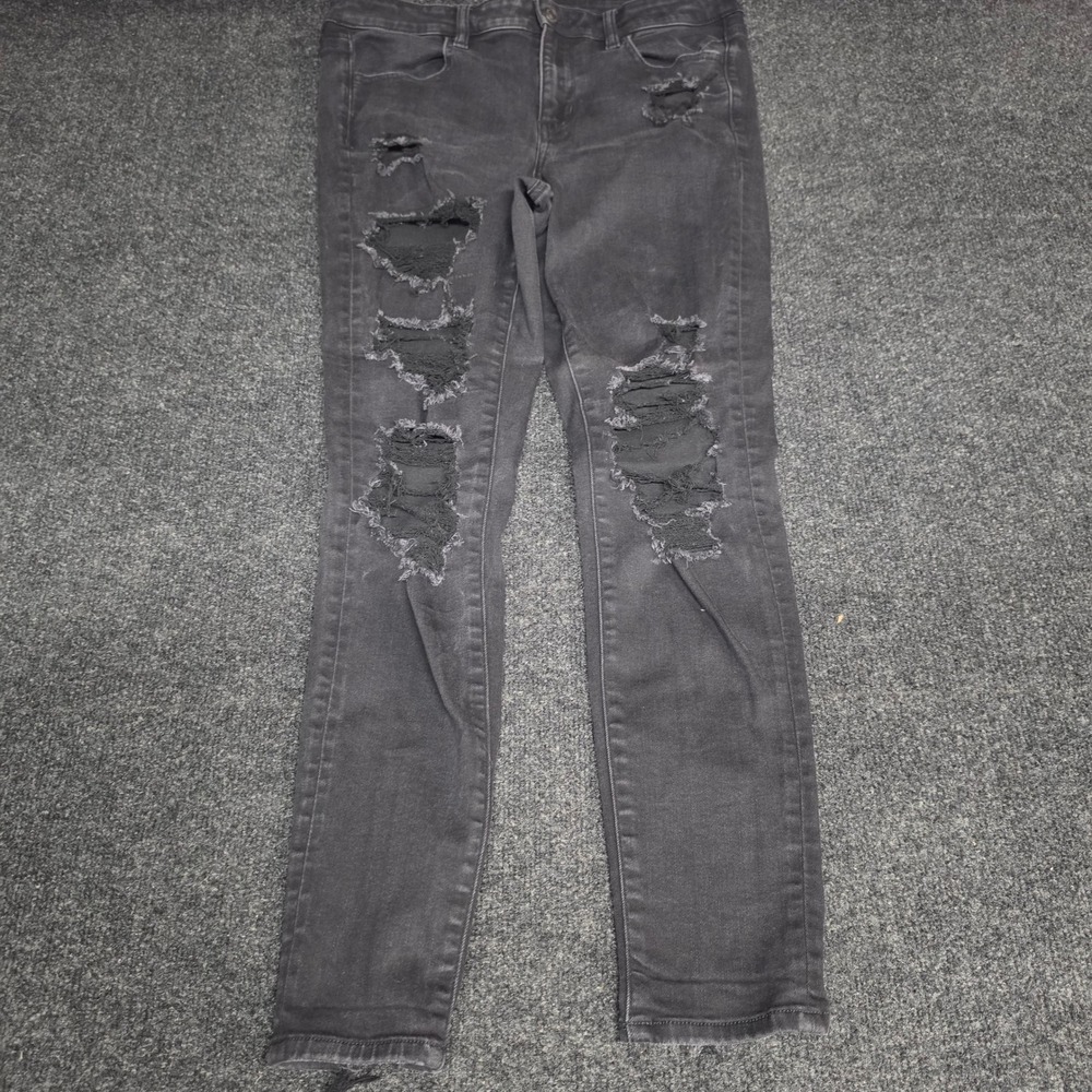 American Eagle Womens 12 Ripped Distressed Skinny Jeans Black High Rise Stretch